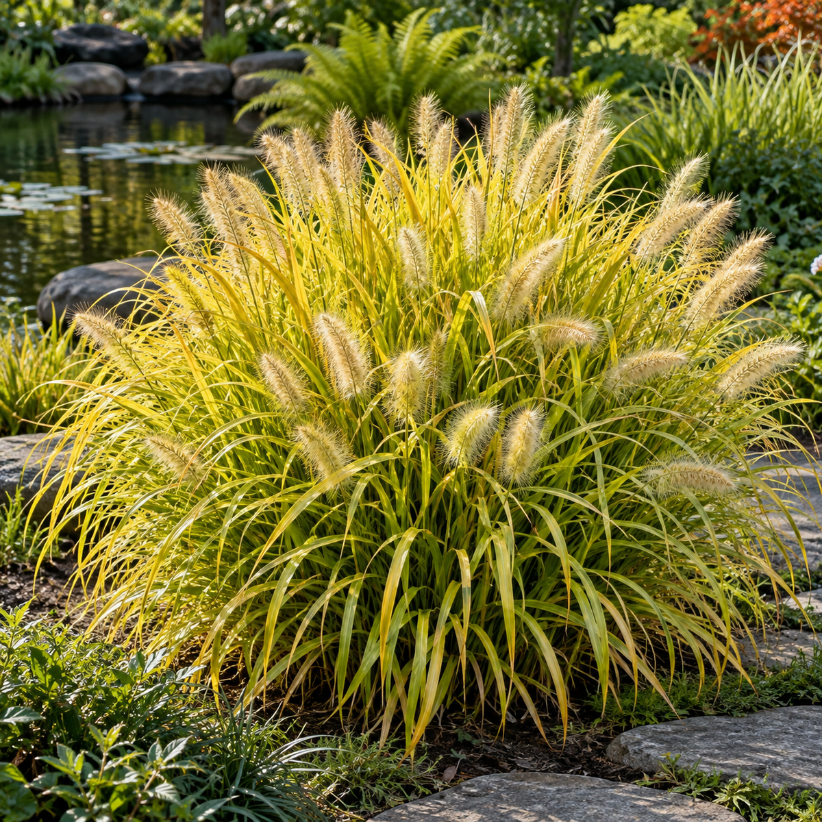 Pennisetum Hameln Gold – lângă iaz (imagine ilustrativă)