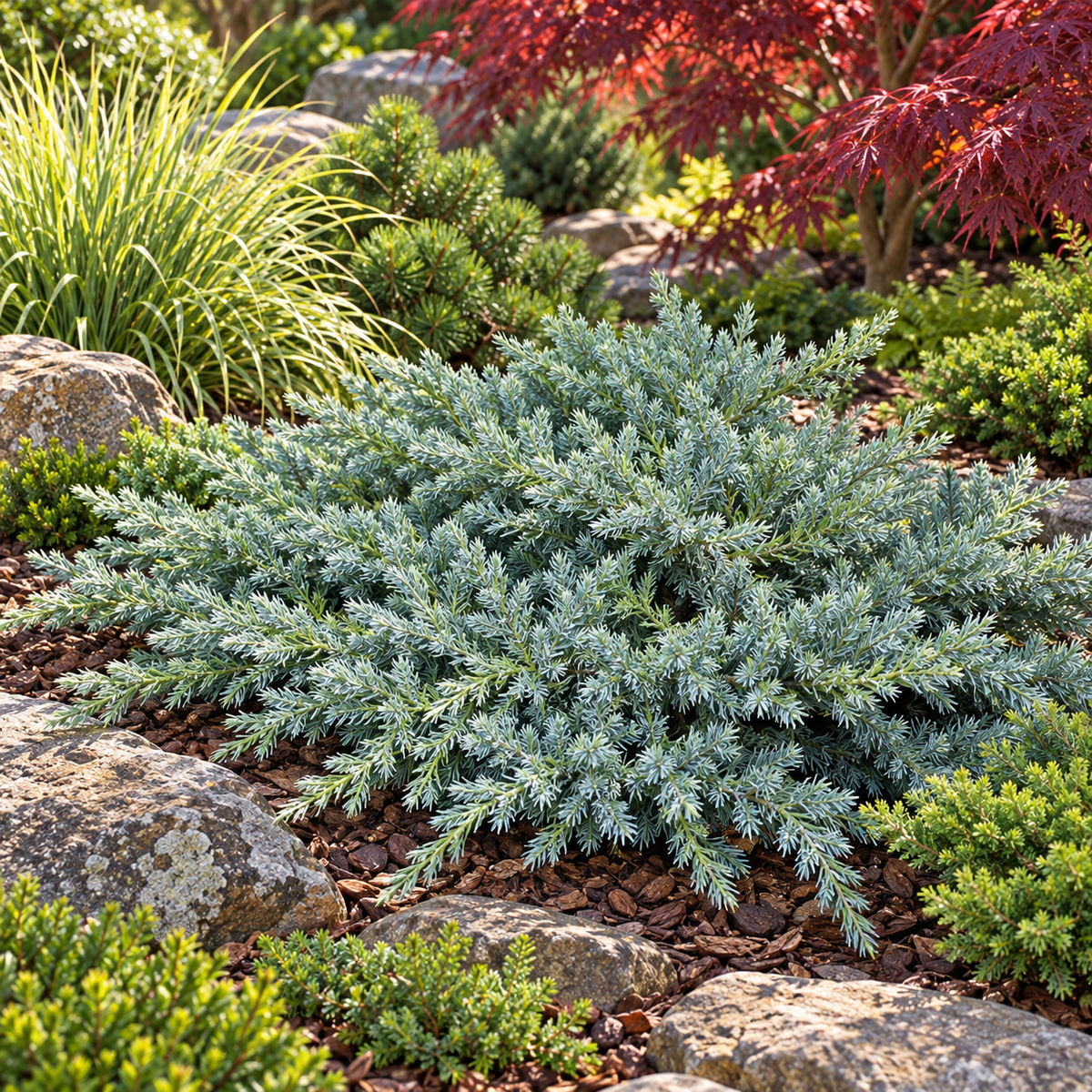 Juniperus squamata 'Blue Carpet' – compoziție cu arțari, conifere și ierburi ornamentale, imagine ilustrativă