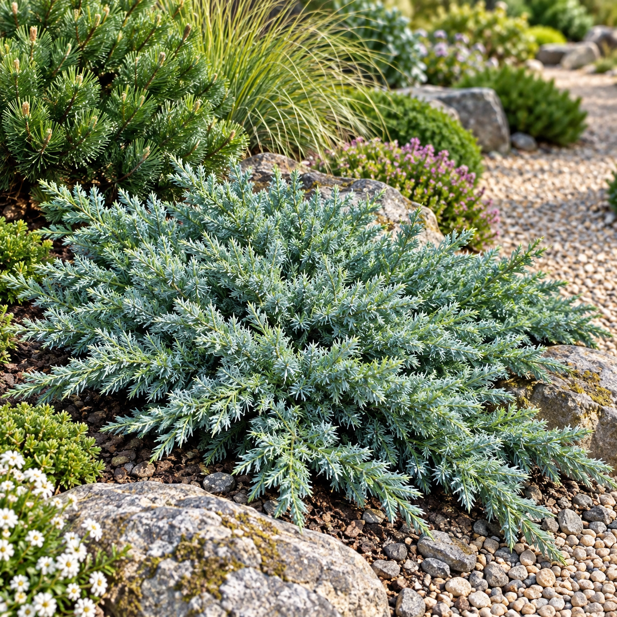 Juniperus squamata 'Blue Carpet' – compoziție în grădină cu pietre și plante perene, imagine ilustrativă