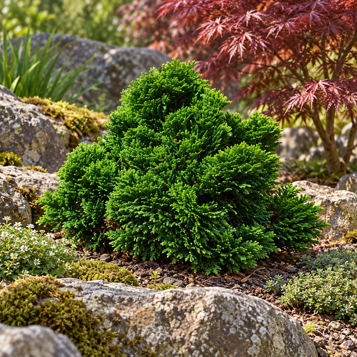 Chamaecyparis obtusa 'Nana Gracilis' – compoziție de grădină