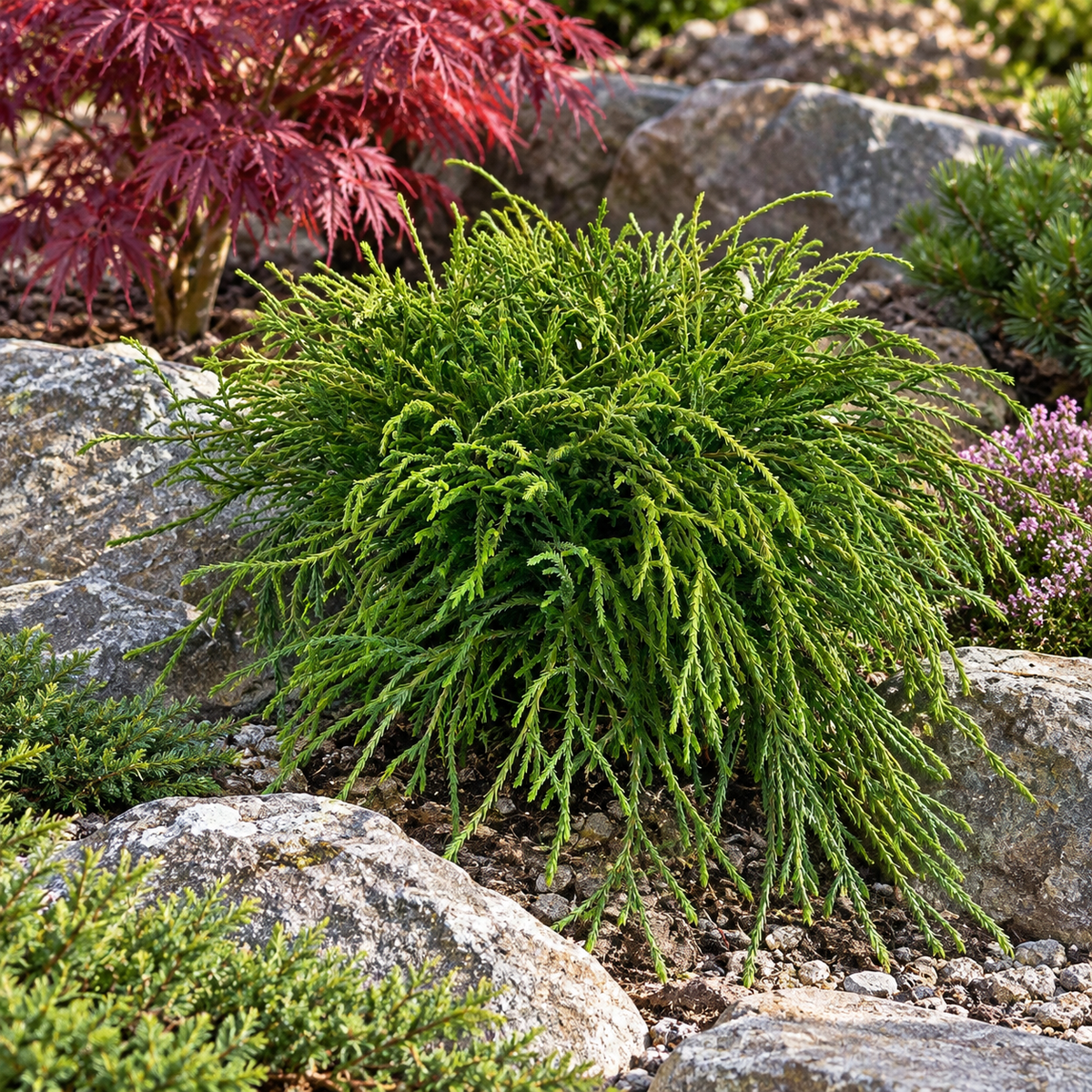 Chamaecyparis pisifera 'Filifera Nana' – compoziție de grădină