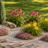 Hinata – compoziție însorită cu Juniperus Sentinel, Echinacea Purple Emperor, Hemerocallis Stella de Oro și Thymus Coccineus; imagine ilustrativă