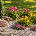 Hinata – compoziție însorită cu Juniperus Sentinel, Echinacea Purple Emperor, Hemerocallis Stella de Oro și Thymus Coccineus; imagine ilustrativă