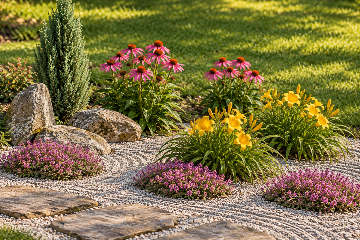Hinata – compoziție însorită cu Juniperus Sentinel, Echinacea Purple Emperor, Hemerocallis Stella de Oro și Thymus Coccineus; imagine ilustrativă