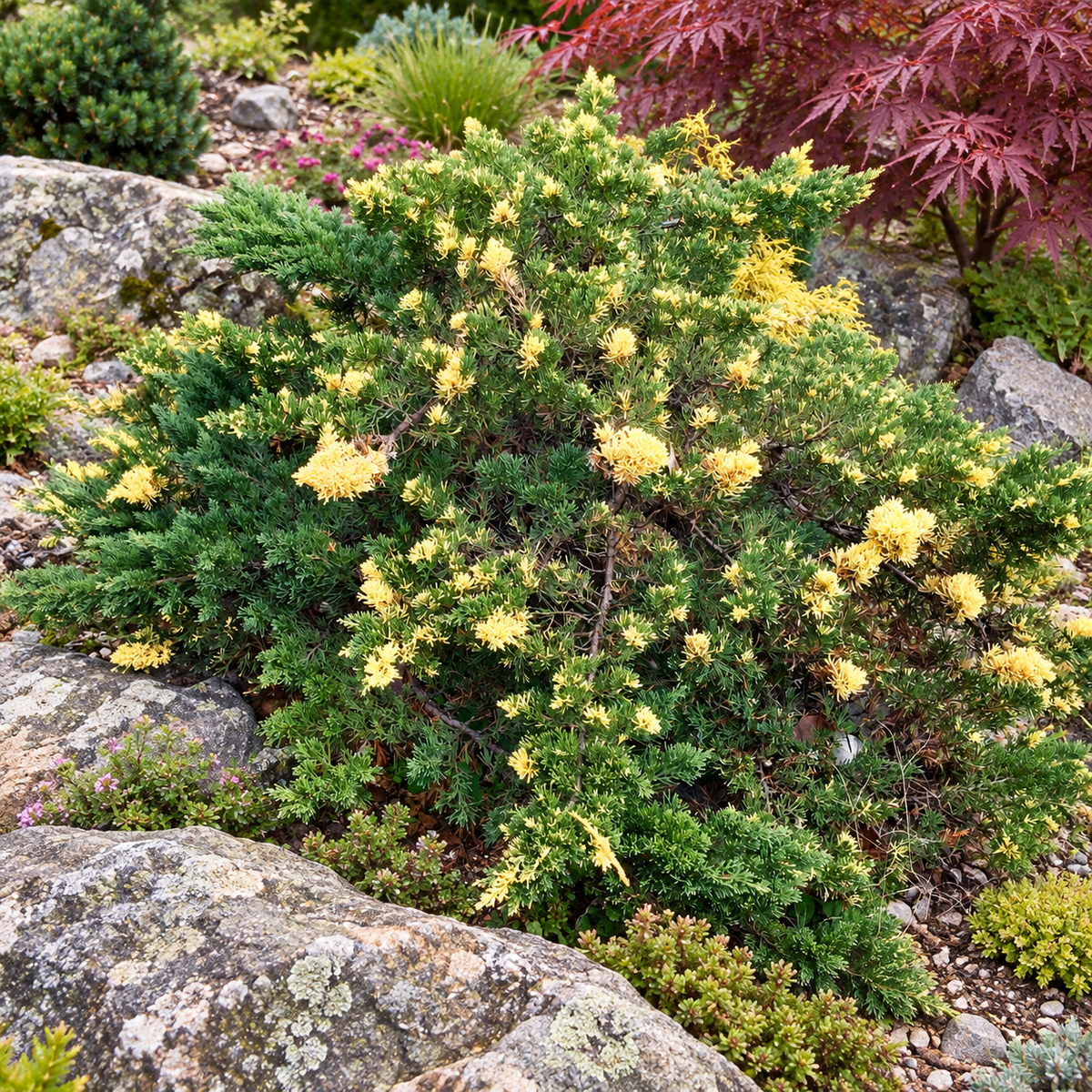 Juniperus chinensis 'Expansa Variegata' – compoziție de grădină