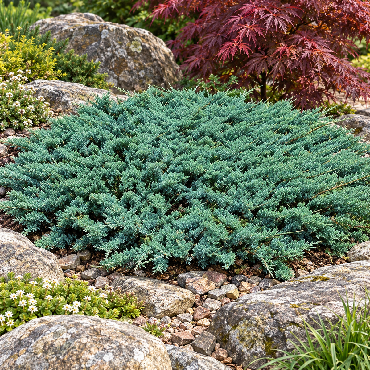 Juniperus conferta 'Blue Pacific' – compoziție de grădină