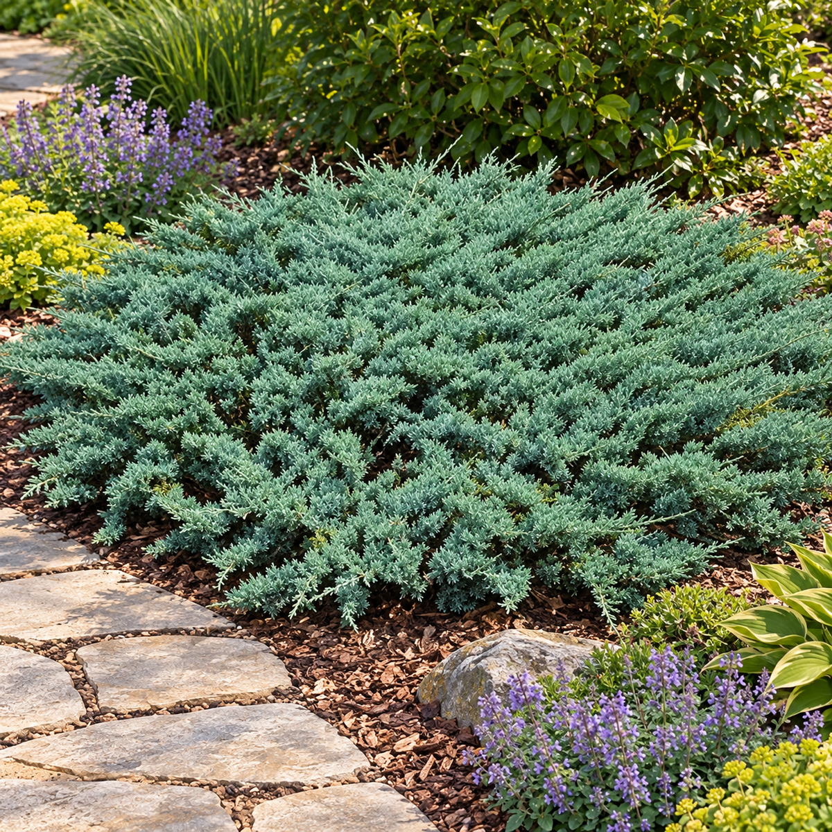 Juniperus conferta 'Blue Pacific' – compoziție de grădină
