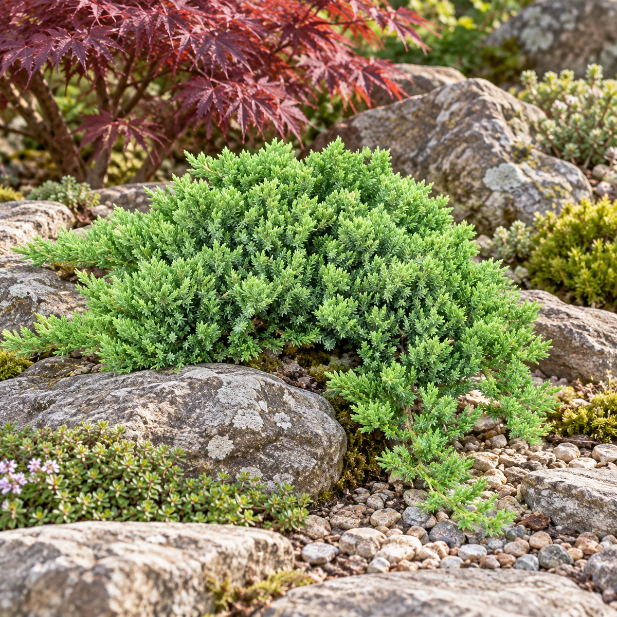Juniperus procumbens 'Nana' – compoziție de grădină