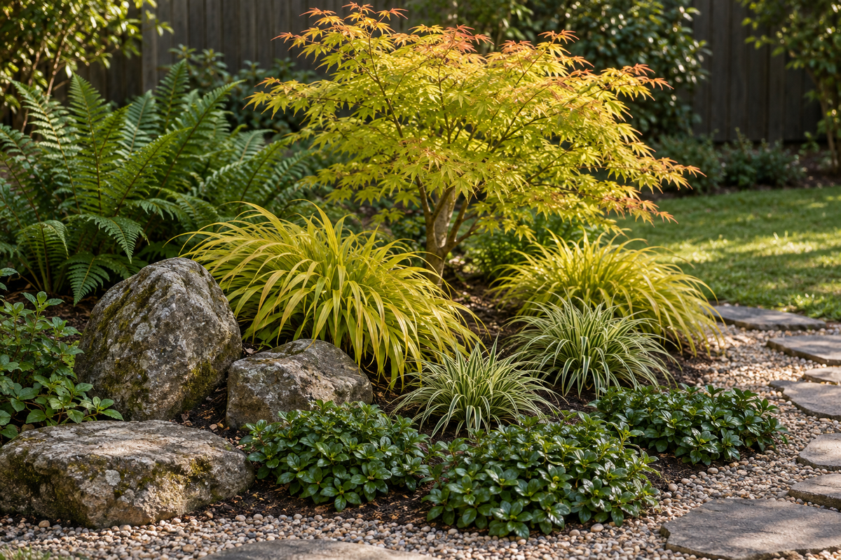 Kaede – amenajare ilustrativă cu Acer Orange Dream, Hakonechloa Aureola, Carex Evergold, Dryopteris și Pachysandra Green Carpet