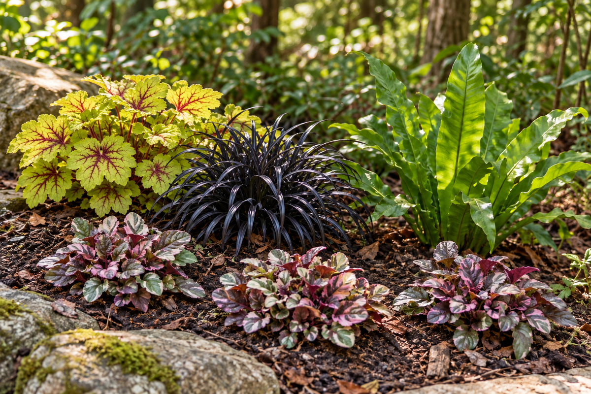 Komorebi: Heuchera Electra, Ophiopogon Nigrescens, Phyllitis scolopendrium și trei Ajuga Burgundy Glow. Imagine ilustrativă.