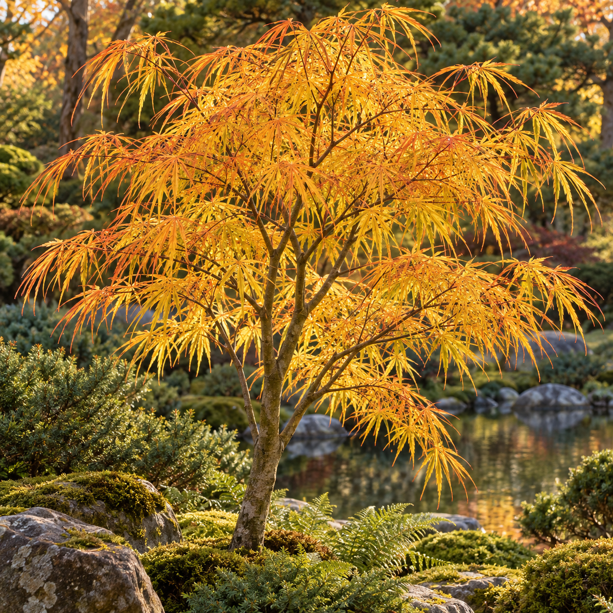 Acer palmatum Koto no ito – frunziș auriu-portocaliu toamna, imagine ilustrativă