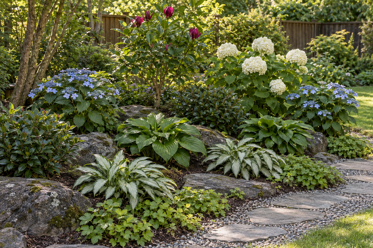 Miyabi – amenajare ilustrativă cu Magnolia Genie, hortensii Blue Wave și Incrediball, Skimmia Rubella, Hosta Devon Green, Pulmonaria Samourai și Waldsteinia