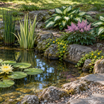 Mizube – amenajare ilustrativă de iaz și mal cu nufăr Yellow Sensation, Equisetum hyemale, Acorus, Hosta Sea Thunder, Astilbe și Lysimachia