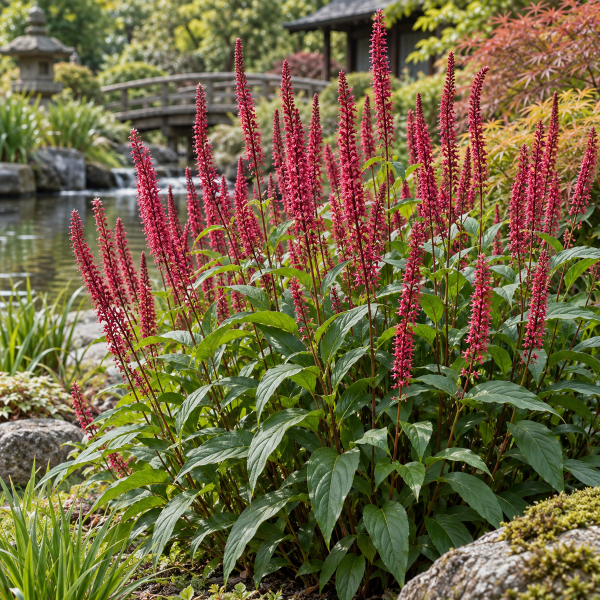 Persicaria amplexicaulis – ilustrație AI, formă cu flori roșii-roz