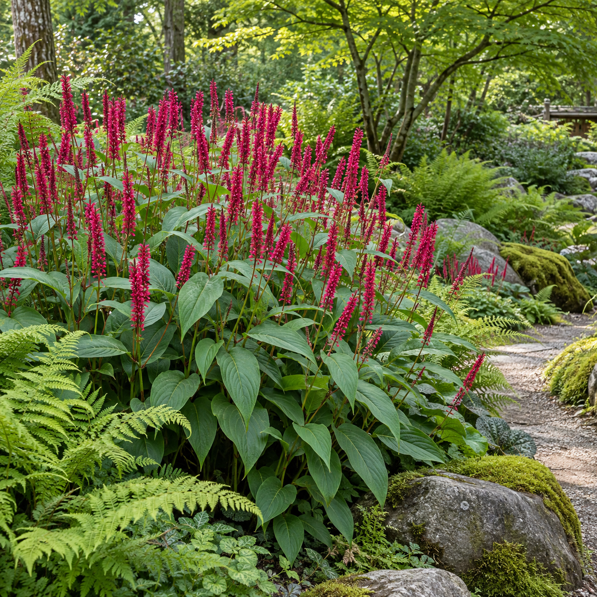 Persicaria amplexicaulis – compoziție cu ferigi, ilustrație AI