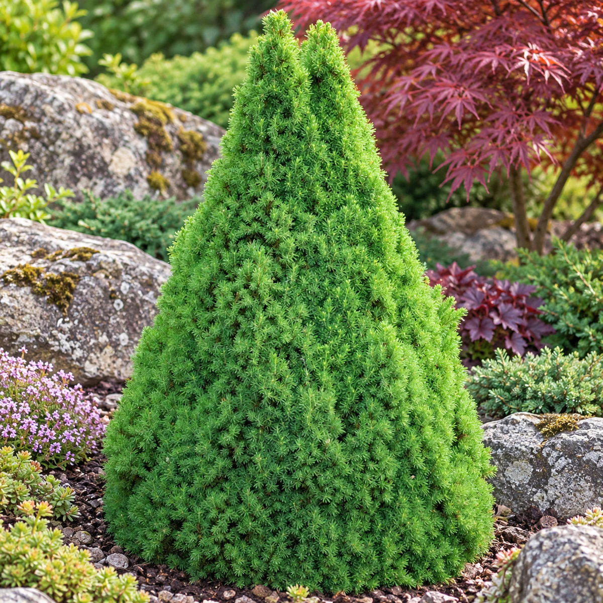 Picea glauca 'Conica' – compoziție de grădină
