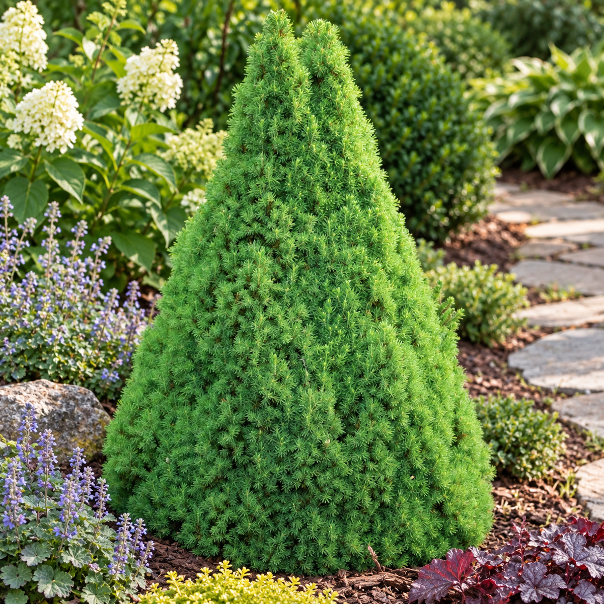 Picea glauca 'Conica' – compoziție de grădină