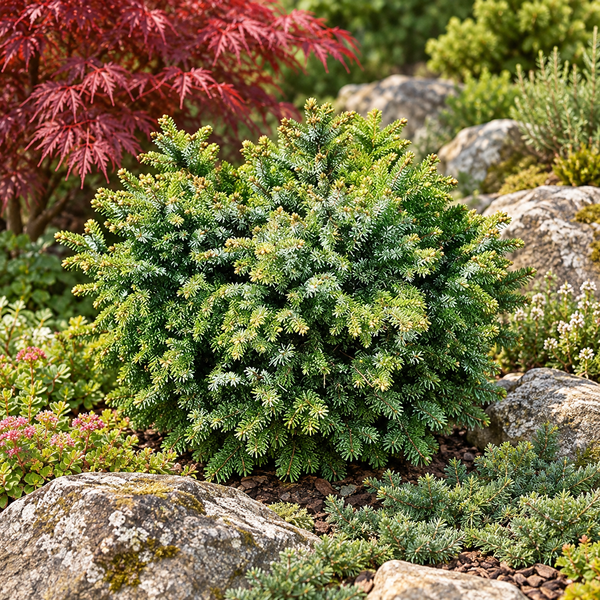 Picea omorika 'Nana' – compoziție de grădină