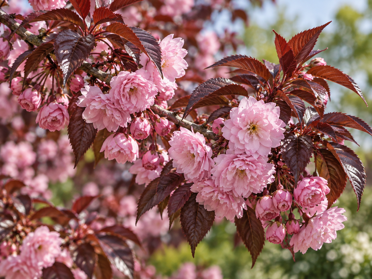 Prunus serrulata Royal Burgundy – telt rózsaszín virág és bordó lomb