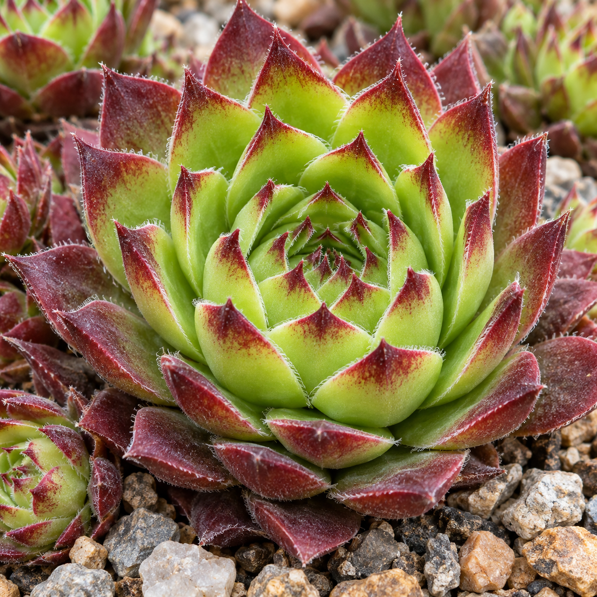 Sempervivum ‘Ruby Lime’ – detaliu rozetă, ilustrație AI
