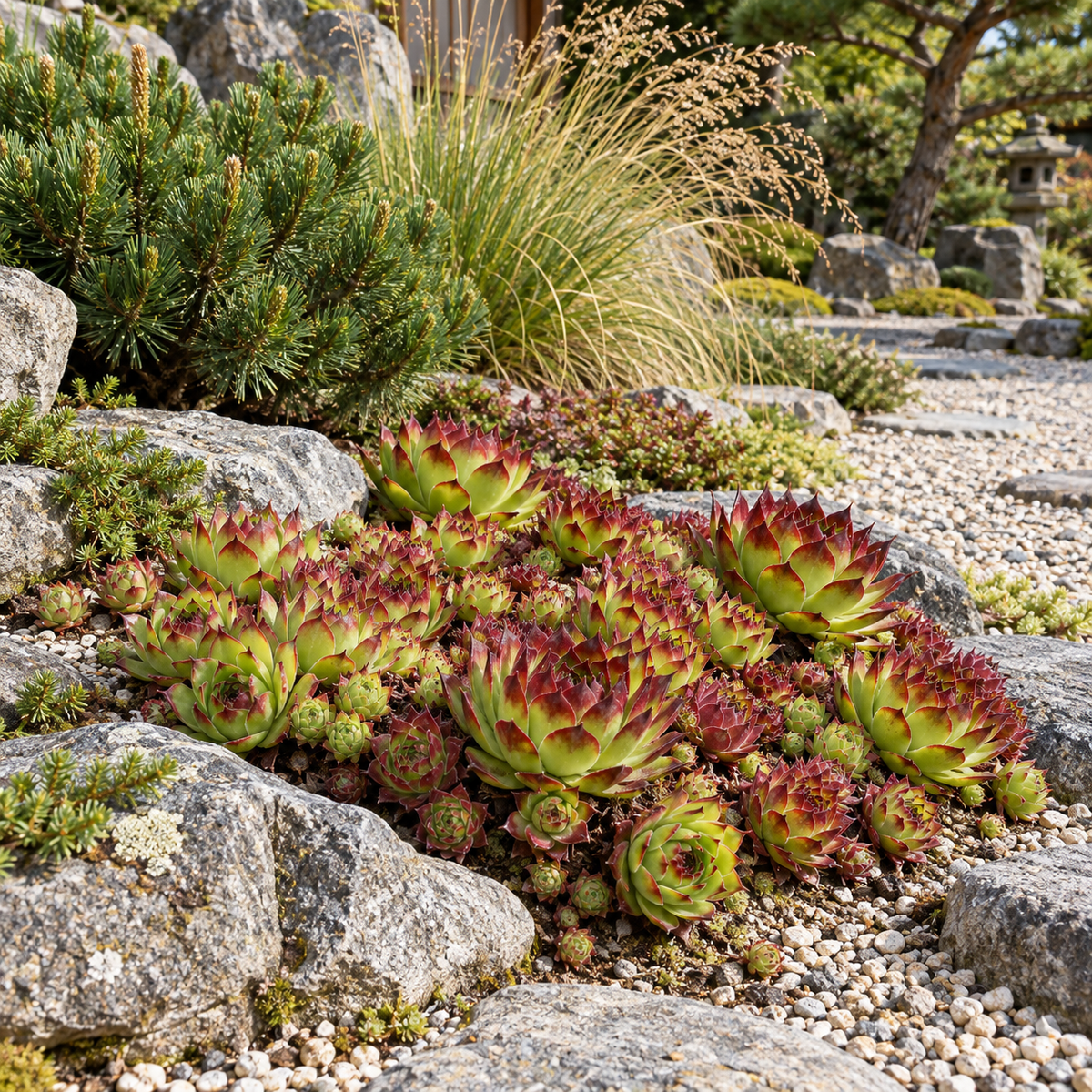 Sempervivum ‘Ruby Lime’ – compoziție cu pin și ierburi, ilustrație AI