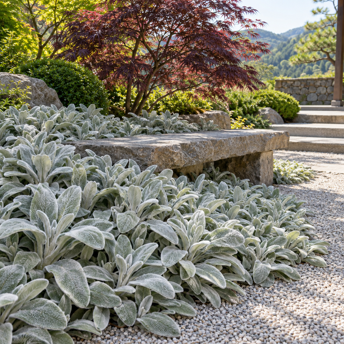 Stachys byzantina ‘Silver Carpet’ – compoziție în grădină, ilustrație AI