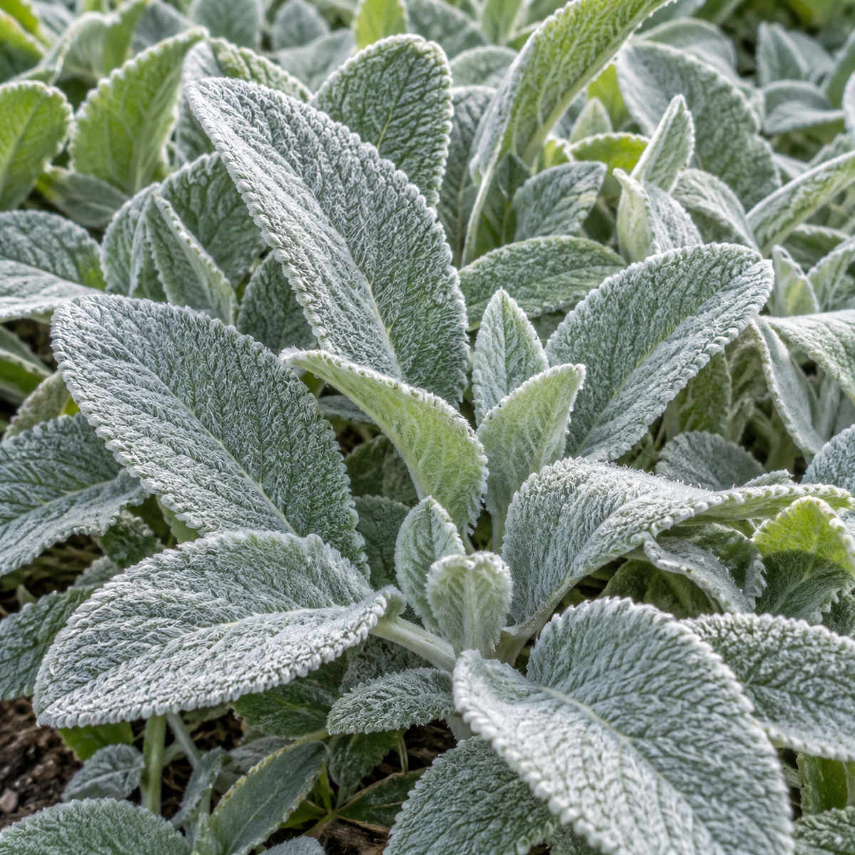 Stachys byzantina ‘Silver Carpet’ – detaliu frunze, ilustrație AI