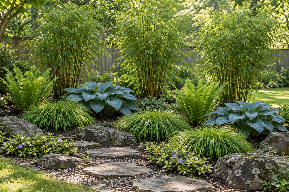Take – amenajare ilustrativă cu Fargesia rufa, Hakonechloa Nicolas, Hosta Blue Angel, Matteuccia și Vinca Illumination