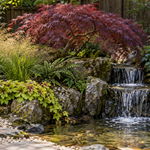 Ilustrație Takimi: cascadă de grădină cu Acer Inaba Shidare, Deschampsia Goldtau, Heucherella Yellowstone Falls, Asplenium și Helleborus