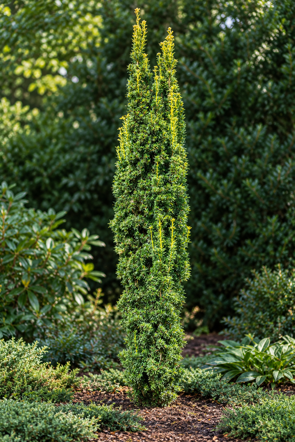 Taxus baccata 'Fastigiata Aurea' – detaliu și port natural