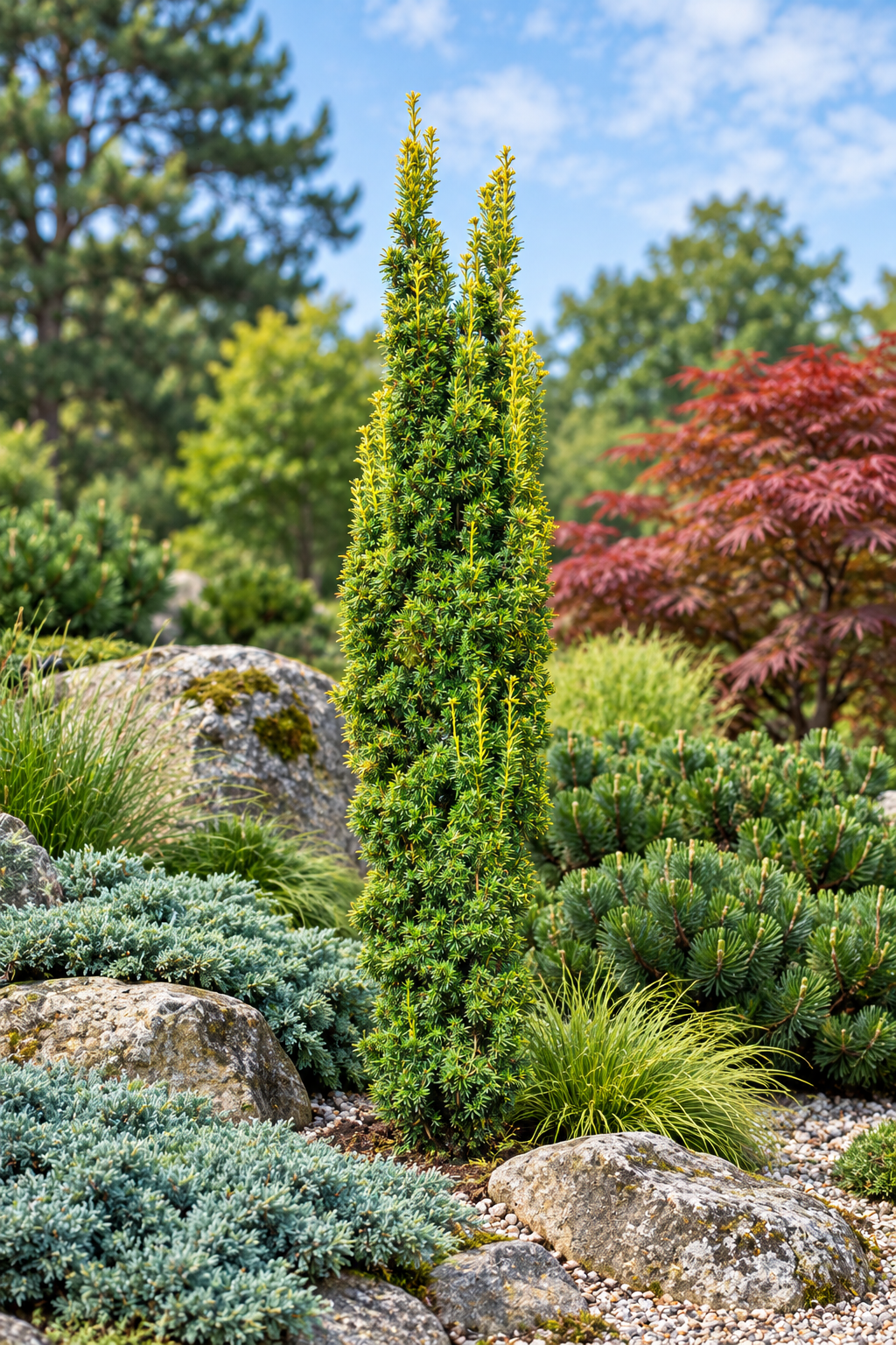 Taxus baccata 'Fastigiata Aurea' – compoziție de grădină