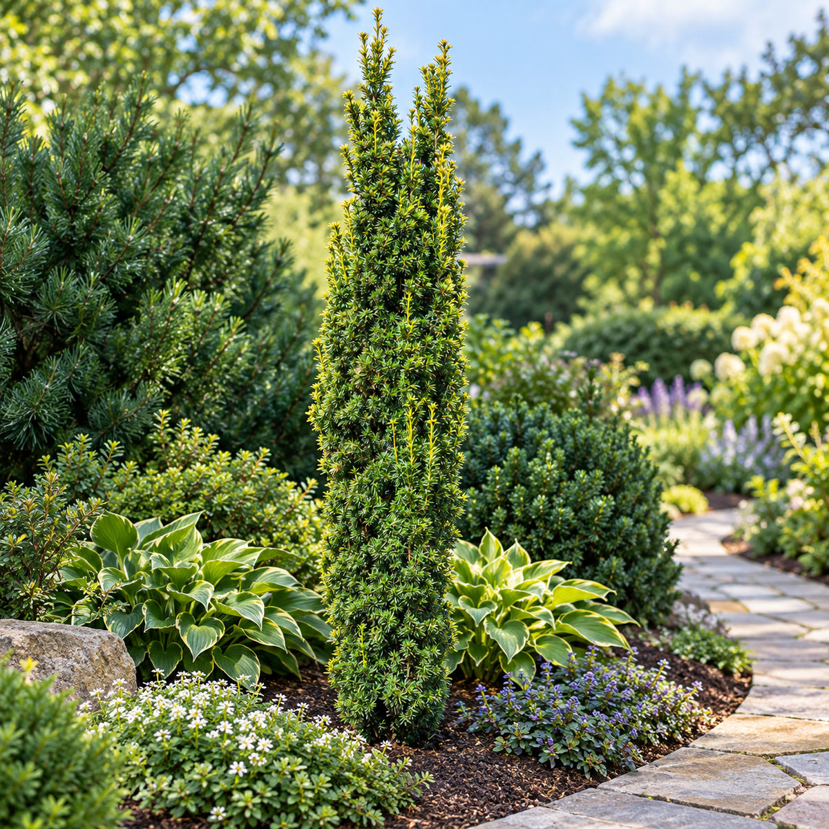 Taxus baccata 'Fastigiata Aurea' – compoziție de grădină